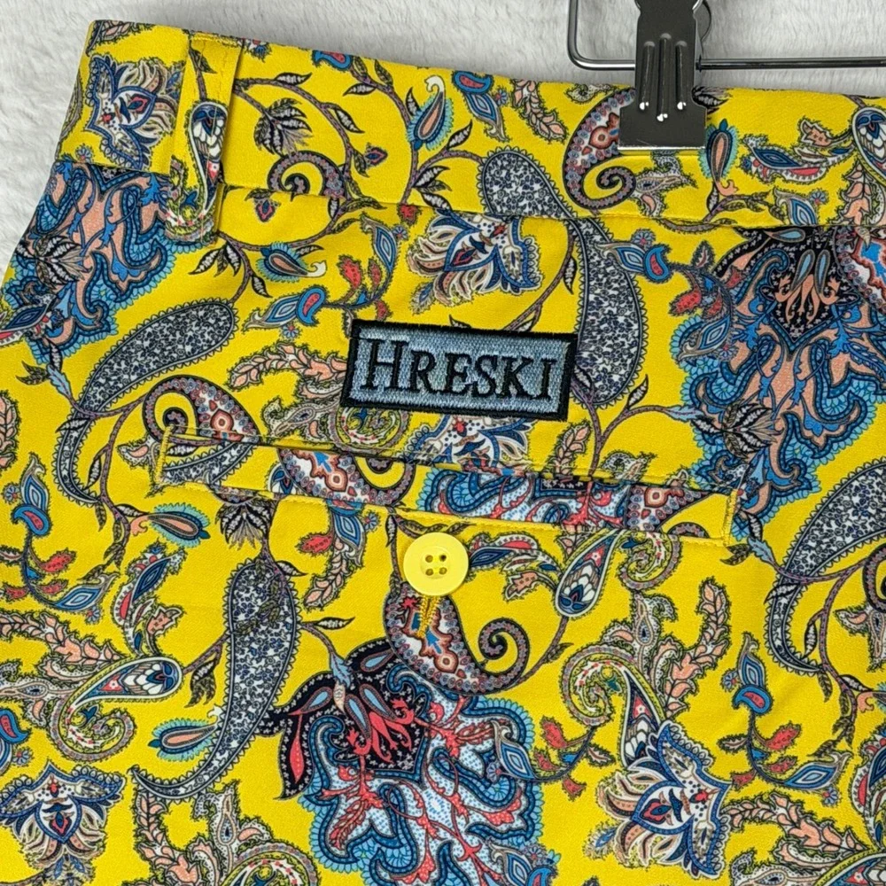 Hreski Golf Shorts Mens 44 Yellow Paisley Performance Stretch Flat Front